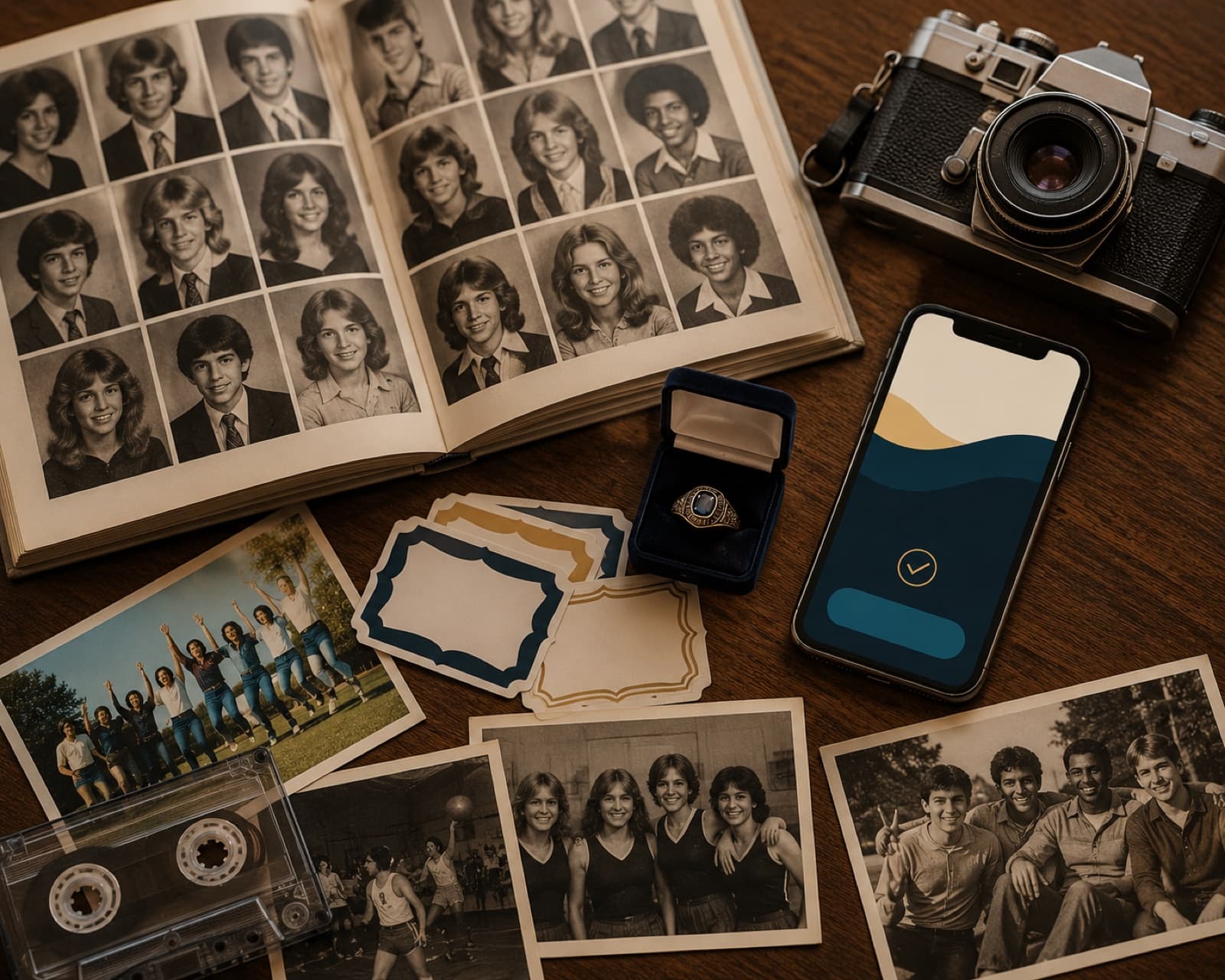 A yearbook, vintage photos, a class ring, and a reunion website on a phone