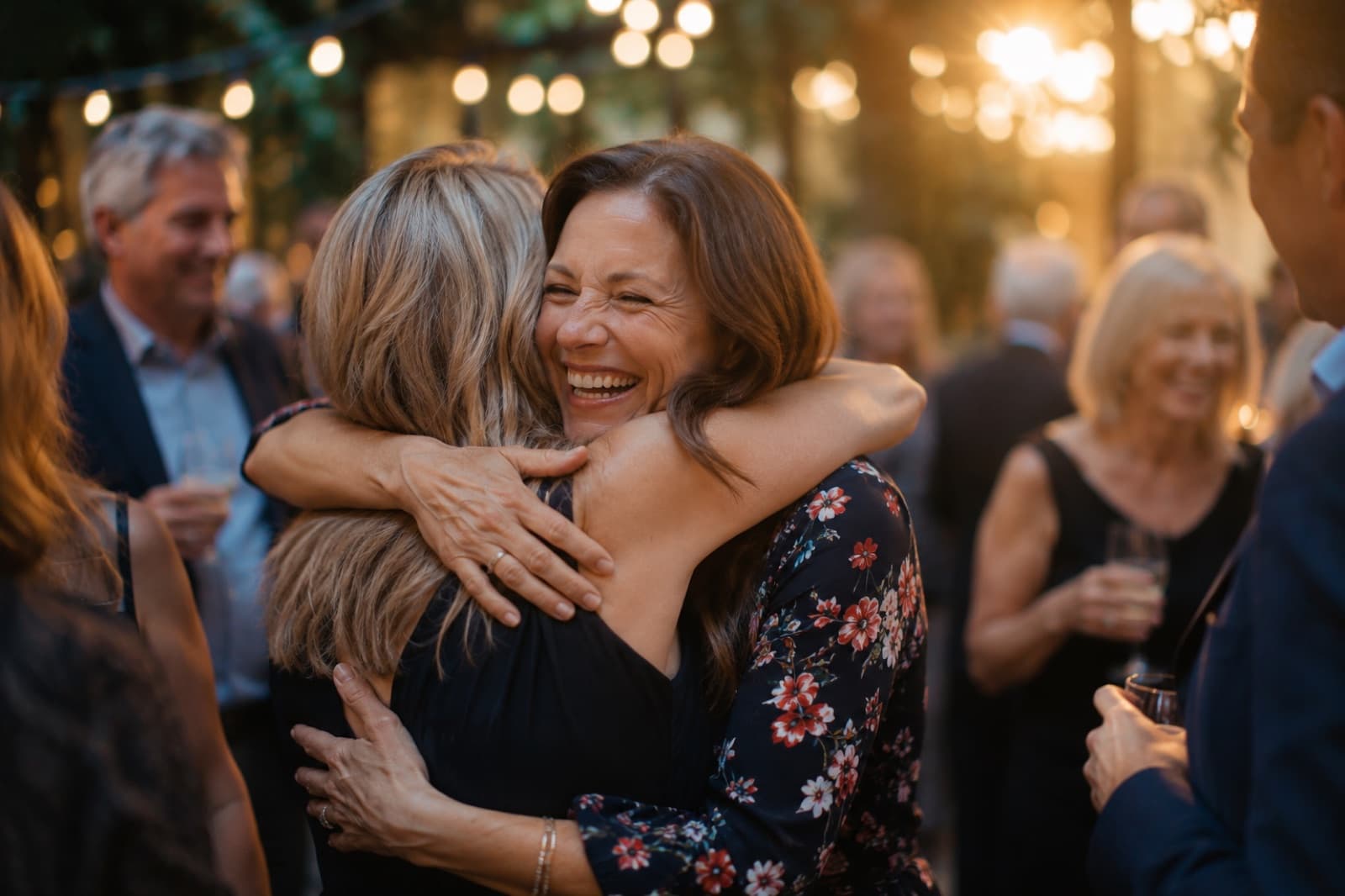 Two classmates embracing with joy at a reunion
